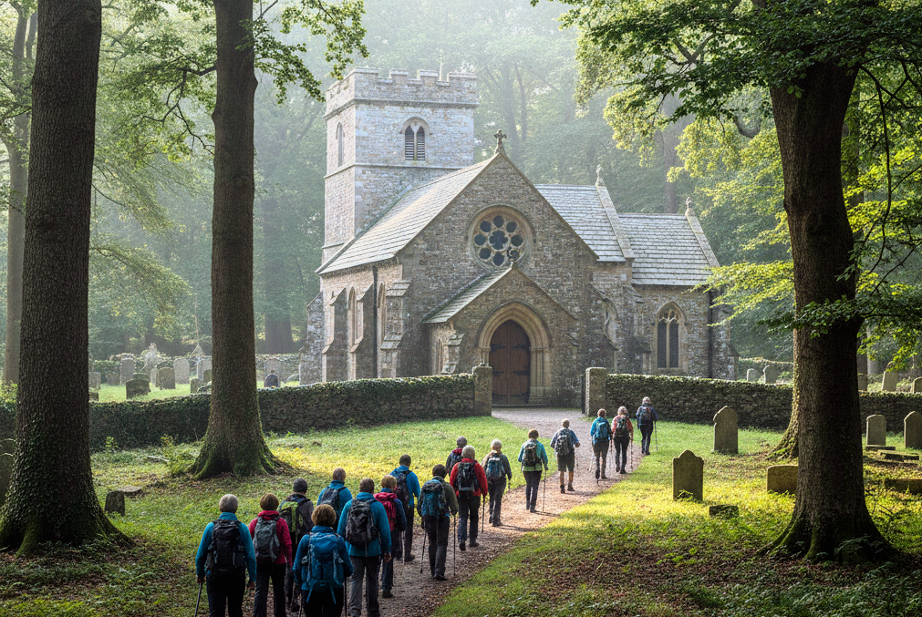 Pilgrims approaching a church